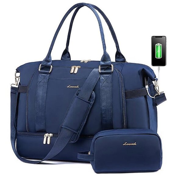 Gym Bag for WomenTravel Duffel Bag with USB Charging Port, Navy Blue, Medium
